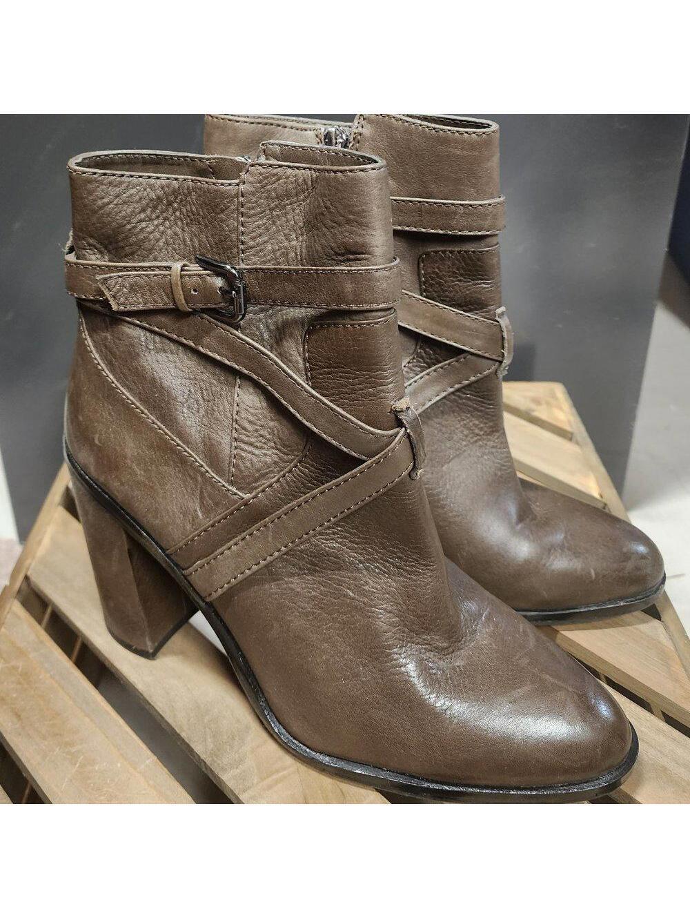 Vince Camuto Brown Leather Ankle Boots Harness Block Heel Booties 10 M